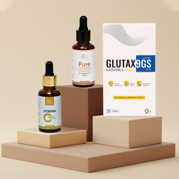 Glutathione Supplement, Pure Glow skin brightening serum, Vitamin C serum, 